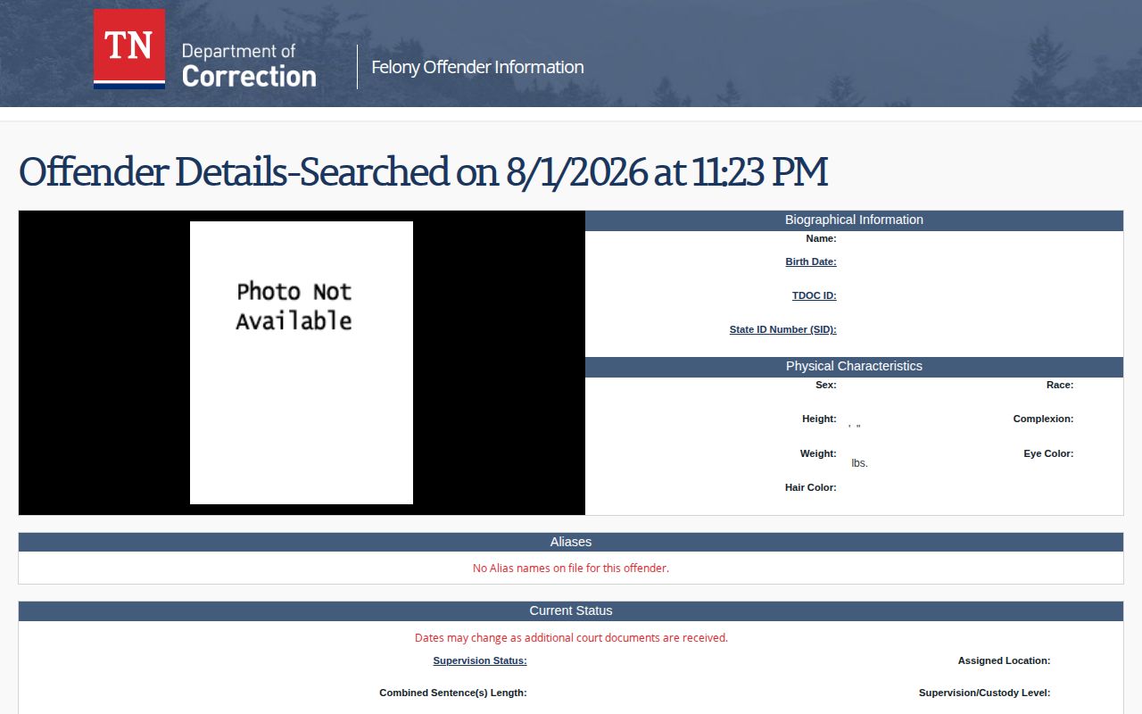 Smith County inmate release date fields on a Tennessee FOIL detail record
